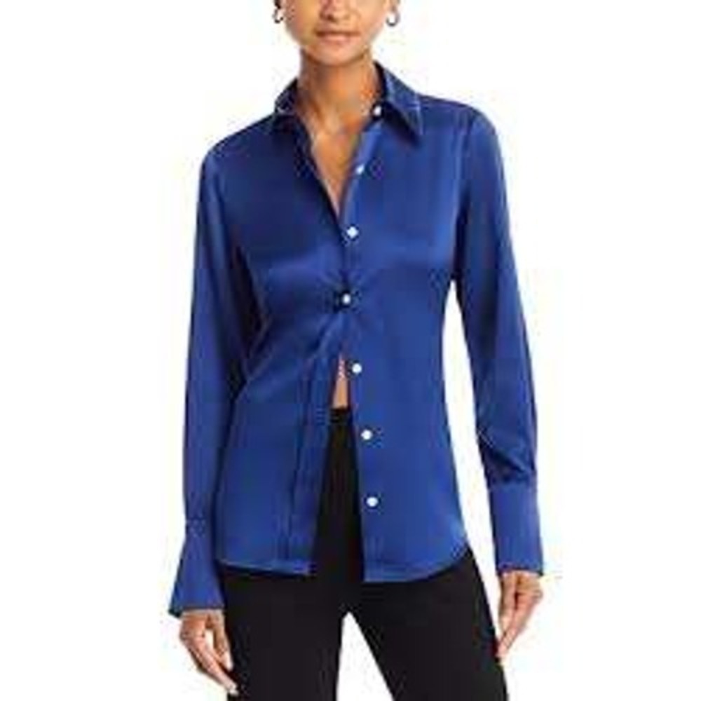 Ramy Brook Victoria Blouse Navy Blue Silk Blend Button Down Shirt Medium